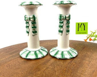 Vintage Pair of Candlesticks - Ceramic Bow Green and White Plaid Candlesticks - Bow Decor Green and White Handpainted - My40YearCollection