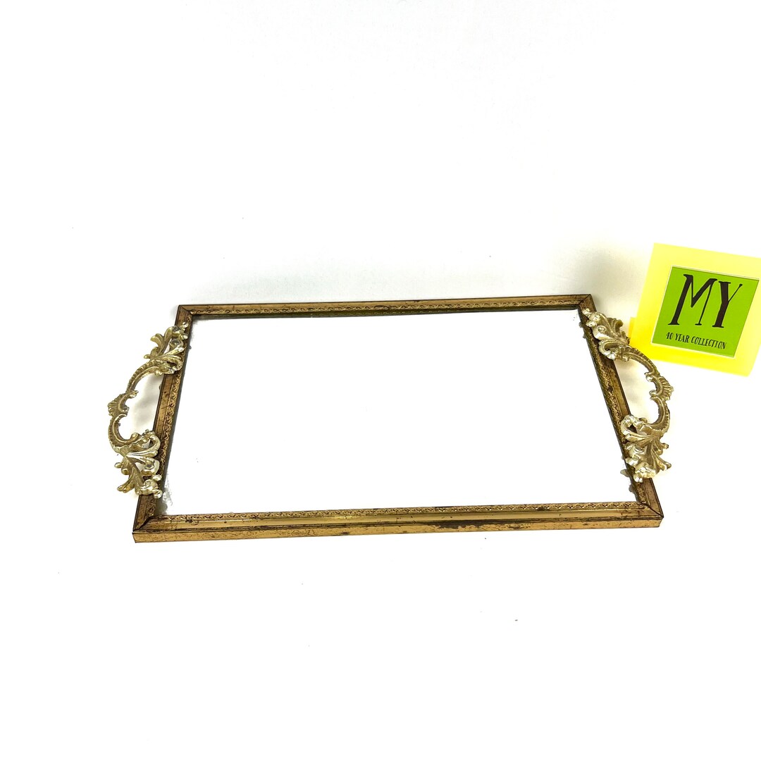 Vintage Vanity Tray Brass Gold Tone Midcentury Framed Mirror Vanity
