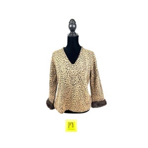 Vintage Animal Print Sweater - Leopard Print with Faux Fur Trim on Sleeves - S/M - V Neck Sweater - My40yearCollection