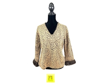 Vintage Leopard Print V-Neck Sweater with Faux Fur Trim (S/M)