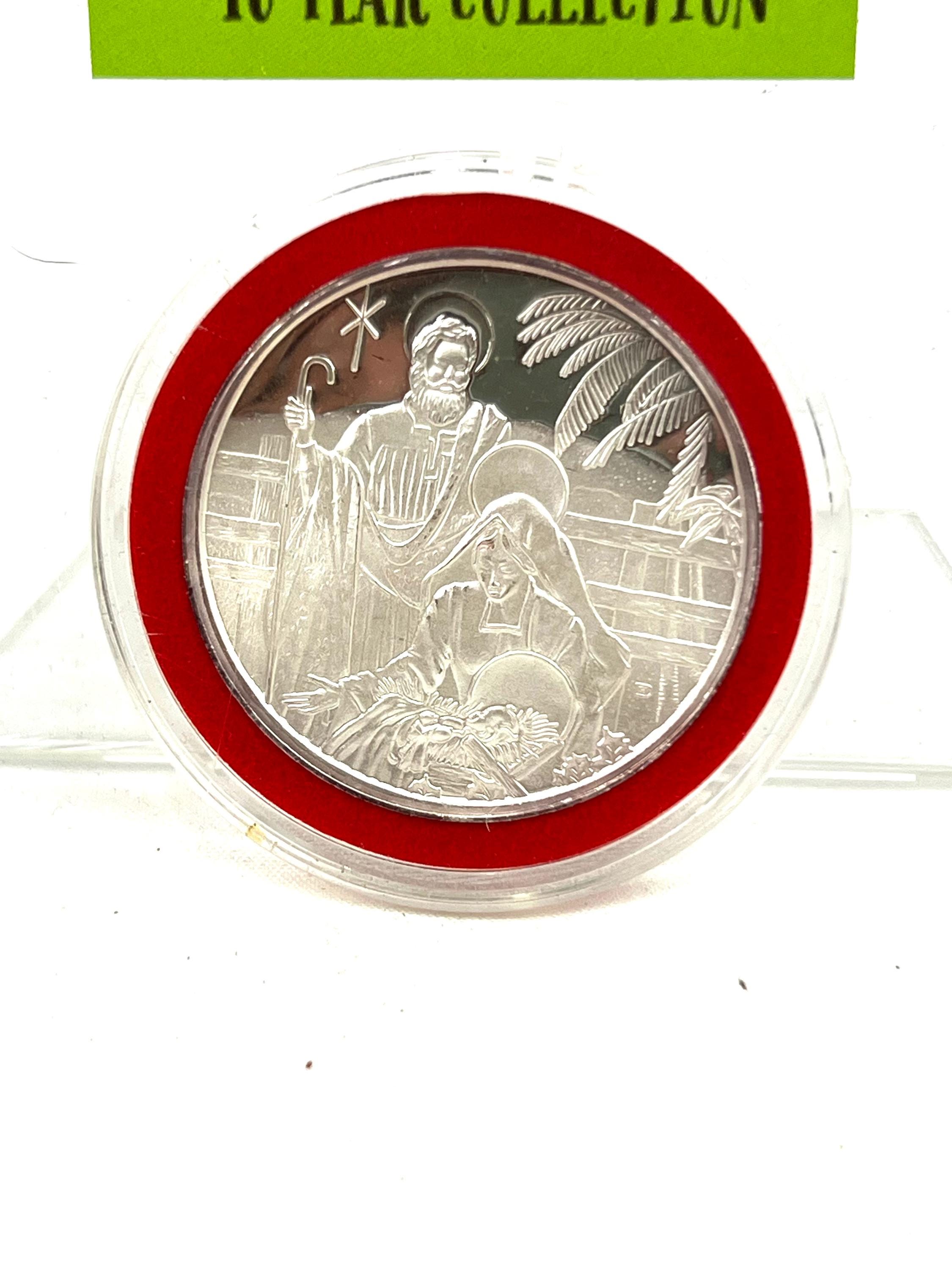 Vintage Nativity Silver Coin Ornament – Baby Jesus, Mary, Joseph
