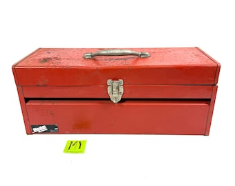 Caja de herramientas vintage Disston My Buddy X19 USA, de metal rojo, con bandeja de almacenamiento.