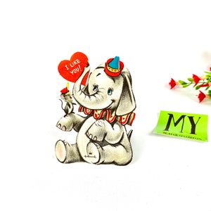 Vintage Valentines Day Card 1950&#39;s Hallmark Adorable Elephant I like You Cut out Used Valentines Card Gift Idea Bookmark My40YearCollection