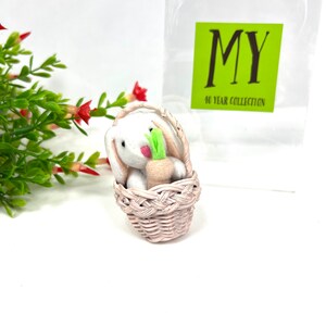 Vintage Dollhouse Miniature - Soft White Bunny with Carrot in Pink Wicker Basket with Handle - Easter Decor - My40YearCollection
