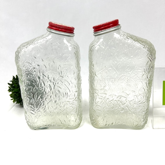 2 Vintage Anchor Hocking Embossed Glass Juice Refrigerator Bottles Red  Peacock Lid Water Bottle Sold Separately My40yearcollection 