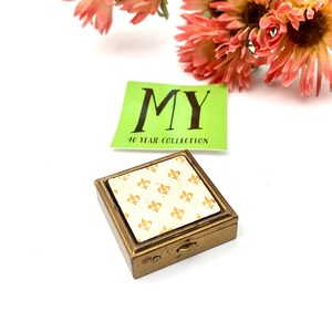 Charming Vintage Fleur De Lis Gold Tone Metal Square Pill Case Divided Pill Box Aged Rare Tiny Pill Case Gift Idea My40YearCollection