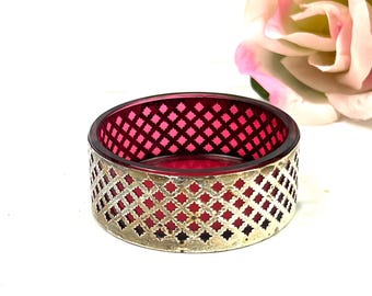 Antique Dish - W STERLING Round Raspberry Glass Dish Lined with Lattice Silver Lining - My40YearCollection