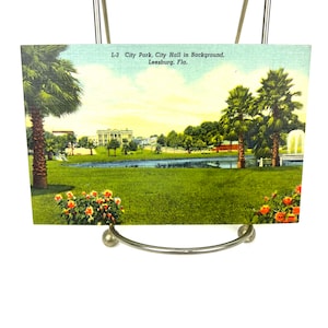 Stara pocztówka - City Park, ratusz w tle, Leesburg, Floryda - wydana w 1956 r. Jefferson Red 2 Cent Stamp My40YearCollection