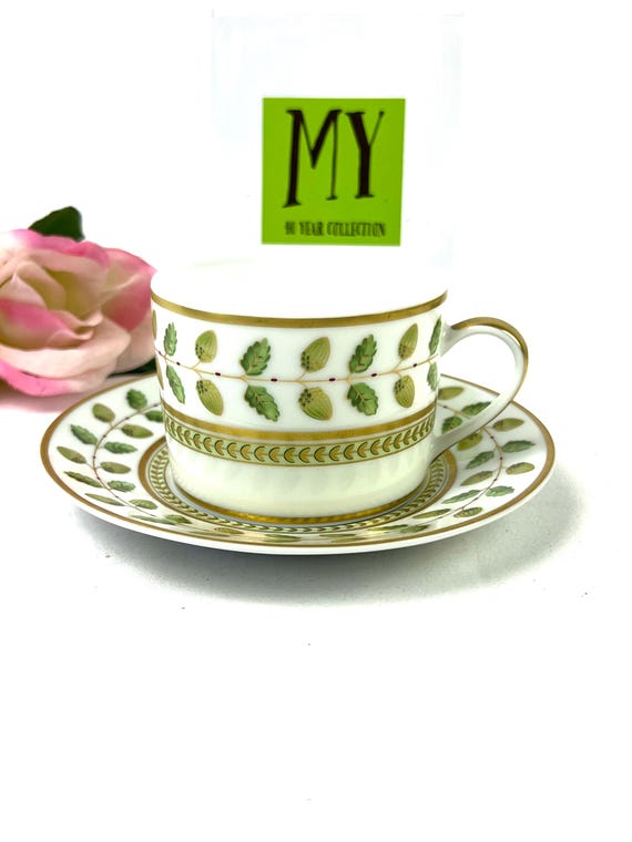 Vintage Bernardaud Limoges Constance Cup and Saucer: Green Leaves, Acorn, Gold Accent