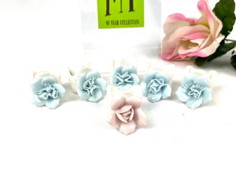 Vintage Porzellanblumen Serviettenringe: Blaue & Rosa Rosen, 6er-Set