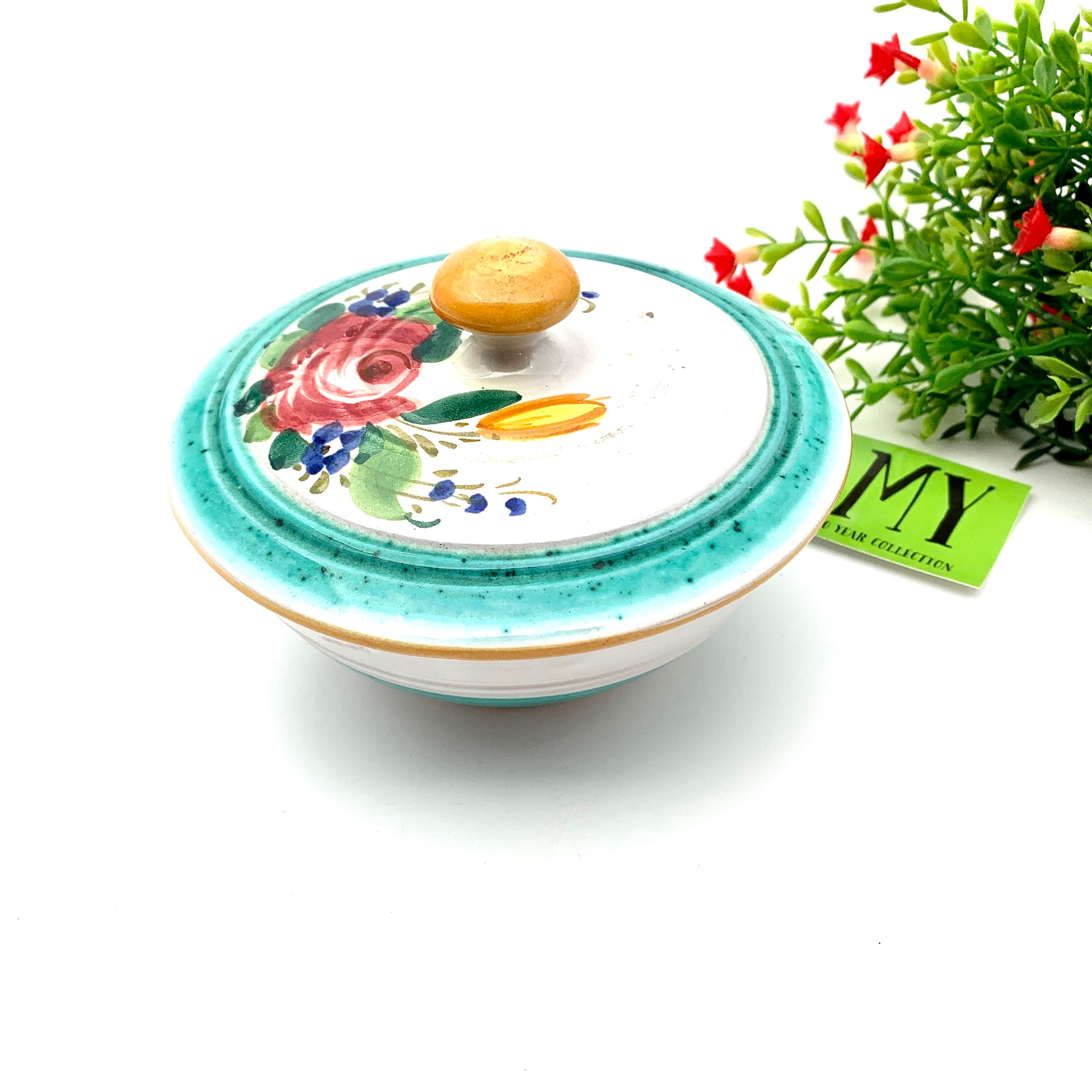 ヴィンテージ イタリア製陶器 蓋付きボウル：手描きの花柄装飾 - Etsy 日本