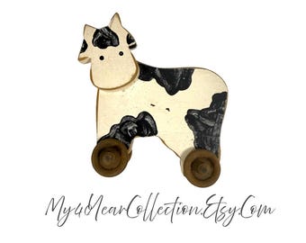 Vintage Wooden Cow Toy Farm Animal Decor Rustic Folk Art Rolling Wheels Handmade Figurine