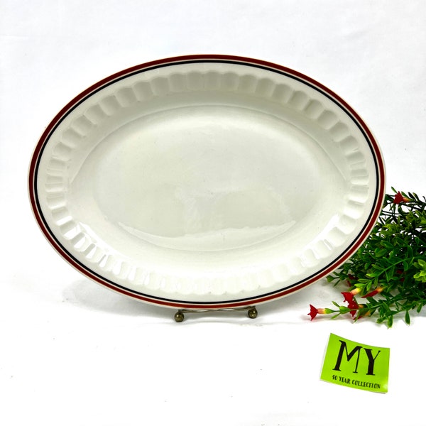 Vintage Mayer China Large Oval Serving Platter Embossed Trim Off White with Red and Black Trim Rare Find My40YearCollection