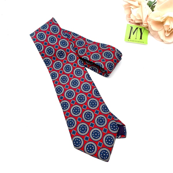 Vintage Damon All Silk Neck Tie Red with Navy Circle Diamon Geometric Pattern Business Tie Preppy Tie Gift Idea My40YearCollection