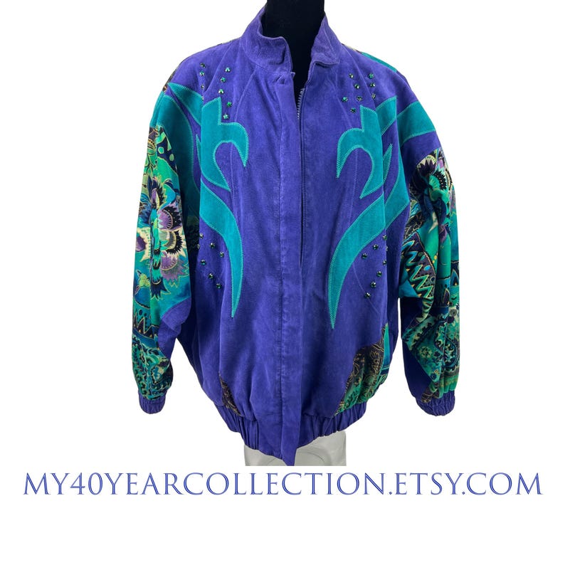Vintage Leather Pant Suit Set: Julien K Purple Abstract Jacket, Size 8-10 image 2