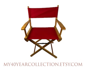 Vintage Director's Chair: Red Canvas & Oak Frame, Foldable Design