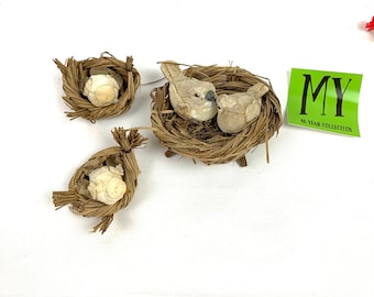Vintage Bird Nest Set: Foam Feather Birds, Twig Nest Floral Decor