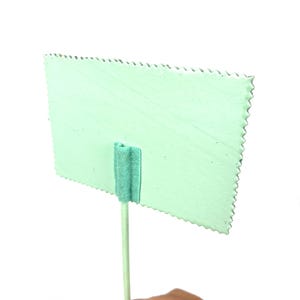 May include: A light green rectangular sign with a zig-zag edge is attached to a light green stick with a green foam piece. The sign is held by a person's hand.