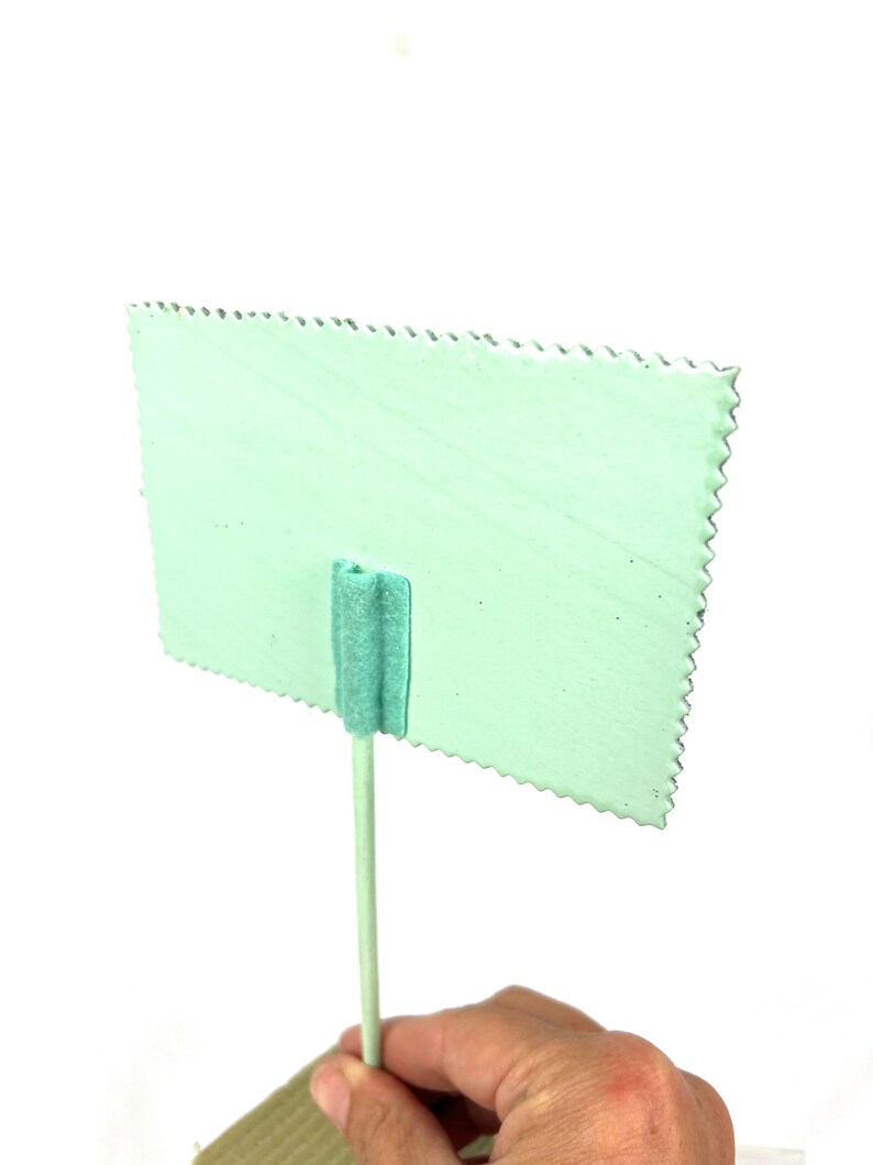 May include: A light green rectangular sign with a zig-zag edge is attached to a light green stick with a green foam piece. The sign is held by a person's hand.
