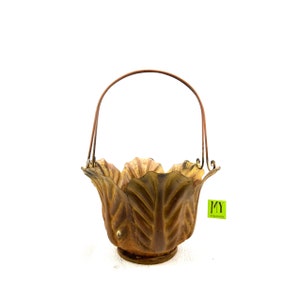 Vintage Wrought Iron Leaf Basket: Copper Tone Metal with Handle