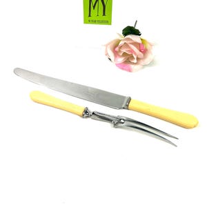 Antique Carving Cutlery Set - Sheffield England - 2 Piece Cream Bakelite Handle Stainless Steel Fork and Knife - My40YearCollection