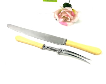 Antique Sheffield Carving Set: Cream Bakelite Handle, Stainless Steel Fork & Knife