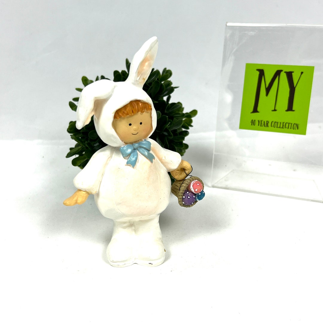 Vintage Easter Figurine Polyresin Girl in White Easter Bunny Suit