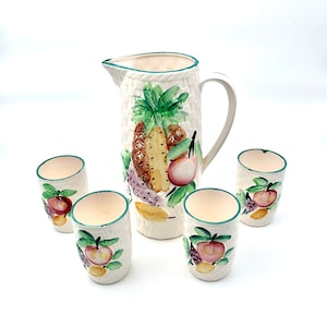 Vintage Porcelain Pitcher and Cup Set Japan - Basket Weave and Tropical Fruit Pattern - Handpainted Green Trim Shabby Chic Decor