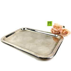 Vintage Stainless Steel Serving Tray Rectangular Platter Large Catering Barware Mid Century Kitchen Decor