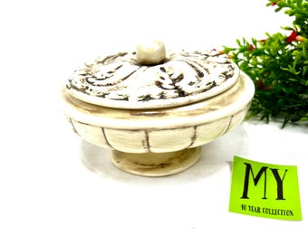 Vintage Cream Pottery Covered Bowl: Distressed Footed Candy Dish
