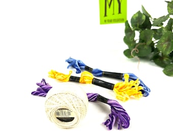 Vintage Variegated Embroidery Floss Lot: Purple, Blue, Yellow + DMC Cotton Pearle