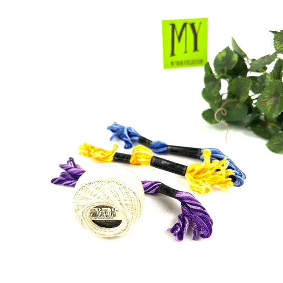 Vintage Variegated Embroidery Floss Lot: Purple, Blue, Yellow + DMC Cotton Pearle
