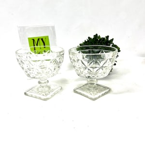 Two Vintage Mt.Vernon by Indiana Glass Co Clear Champagne Glasses, Fruit/Sorbet Cups, Crisscross Diamonds Square Base My40YearCollection