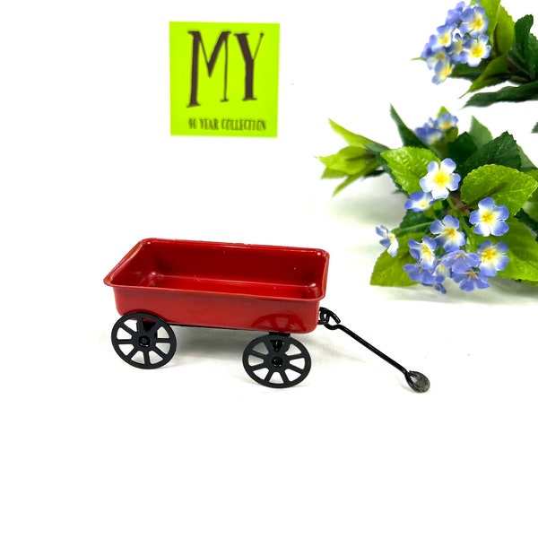 Vintage miniature - Red Mini Metal Wagon with pulley handle - Dollhouse Miniature- Toy - My40YearCollection