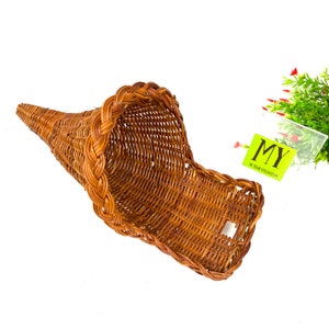 Vintage Wicker Cornucopia Basket - Table Decor - Cinnamon Color - Fall Thanksgiving Decor Mid Century Estate Find Basket My40YearCollection