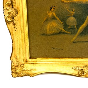 May include: A framed painting of three ballerinas in a soft, muted color palette. The ballerinas are wearing white tutus and are posed in a graceful dance. The painting is signed "Gino" in the bottom right corner.