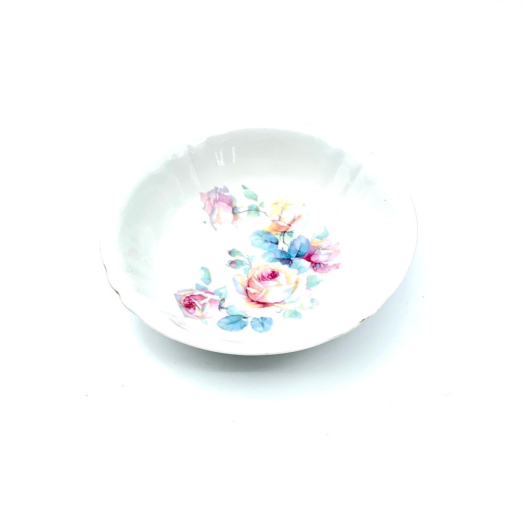 Vintage Porcelain Salad Serving Bowl Pink and Amber Roses Blue Leaf ...