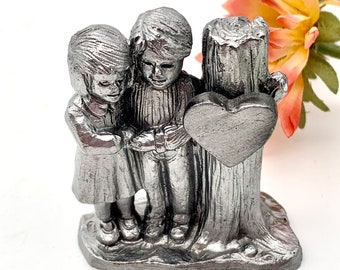 Vintage Ricker Bartlett Pewter Valentine's Figurine: Boy and Girl with Heart