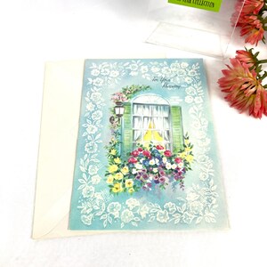 Carte de voeux vintage - Pour votre rétablissement - Fenêtre avec des fleurs sur le rebord de la fenêtre - Bordure au pochoir - Carte de rétablissement - My40YearCollection