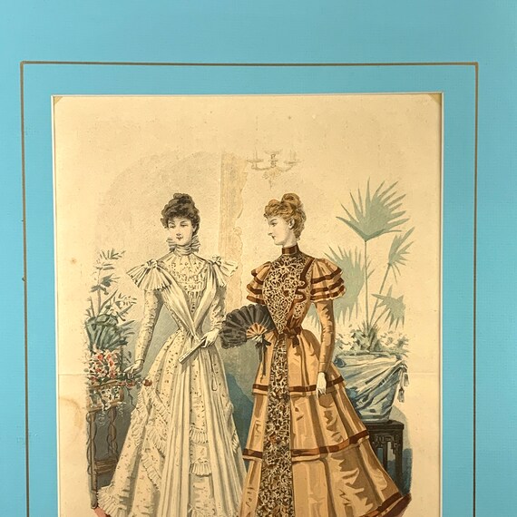 アンティーク版画19世紀 フランス ファッションプレート 額装 手彩色リトグラフ 19世紀後半のフランスのファッションプレート