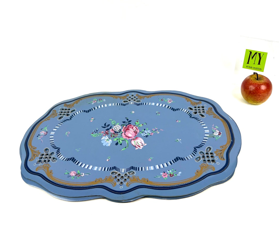 Vintage Placemats Ornate Oval Shape Blue Gold Pink Rose Pierced