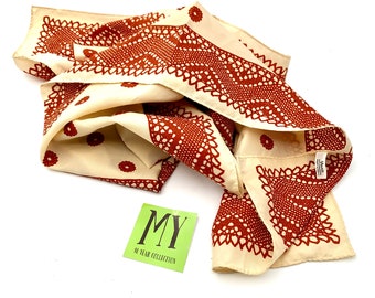 Elegant Vintage Vera Japan Long Shawl type scarf Brick Color on Beige with Florals and Lace Pattern Edge Mothers Day Gift My40YearCollection