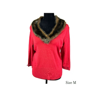 Vintage U-Knit Red Sweater with Faux Fur Neckline - Removable Collar - Christmas Holiday Sweater - Gift for Her My40YearCollection