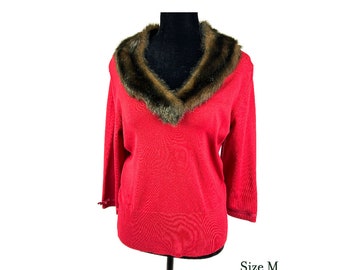 Vintage Red Sweater with Faux Fur Collar - Holiday Christmas Pullover (Size M)