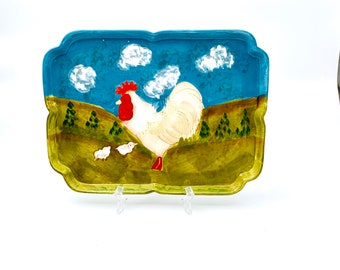 Assiette coq vintage : décoration de ferme en grès peint à la main