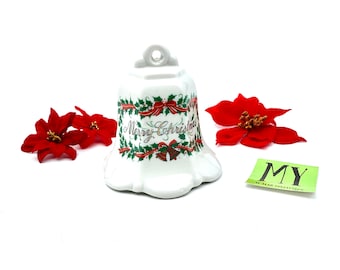 Vintage Ceramic Christmas Bell Merry Christmas Holly and Bell Motif Large Christmas Bell Christmas Decor My40YearCollection