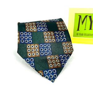 Vintage NEW OLD Hand Made Silk Tie - Checkered Dark Green Orange Blue White Circles - Gift for Him - My40YearCollection