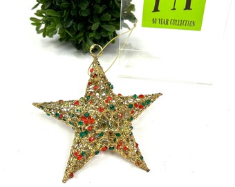 Vintage Gold Metal Beaded Star Ornament: Red & Green Christmas Decor