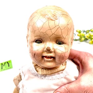 Antique Composition Baby Doll: Blue Sleepy Eyes, White Dress (For Restoration)