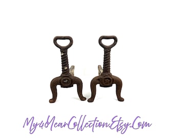 Antique Cast Iron Andirons Early 1900s Fireplace Log Holders Rustic Pair